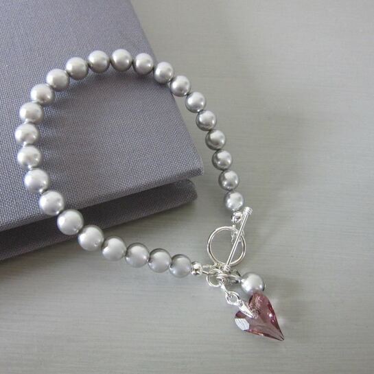 Silver Pearl Love Bracelet with Dusky Pink Crystal Heart perfect for brides or bridesmaids gifts