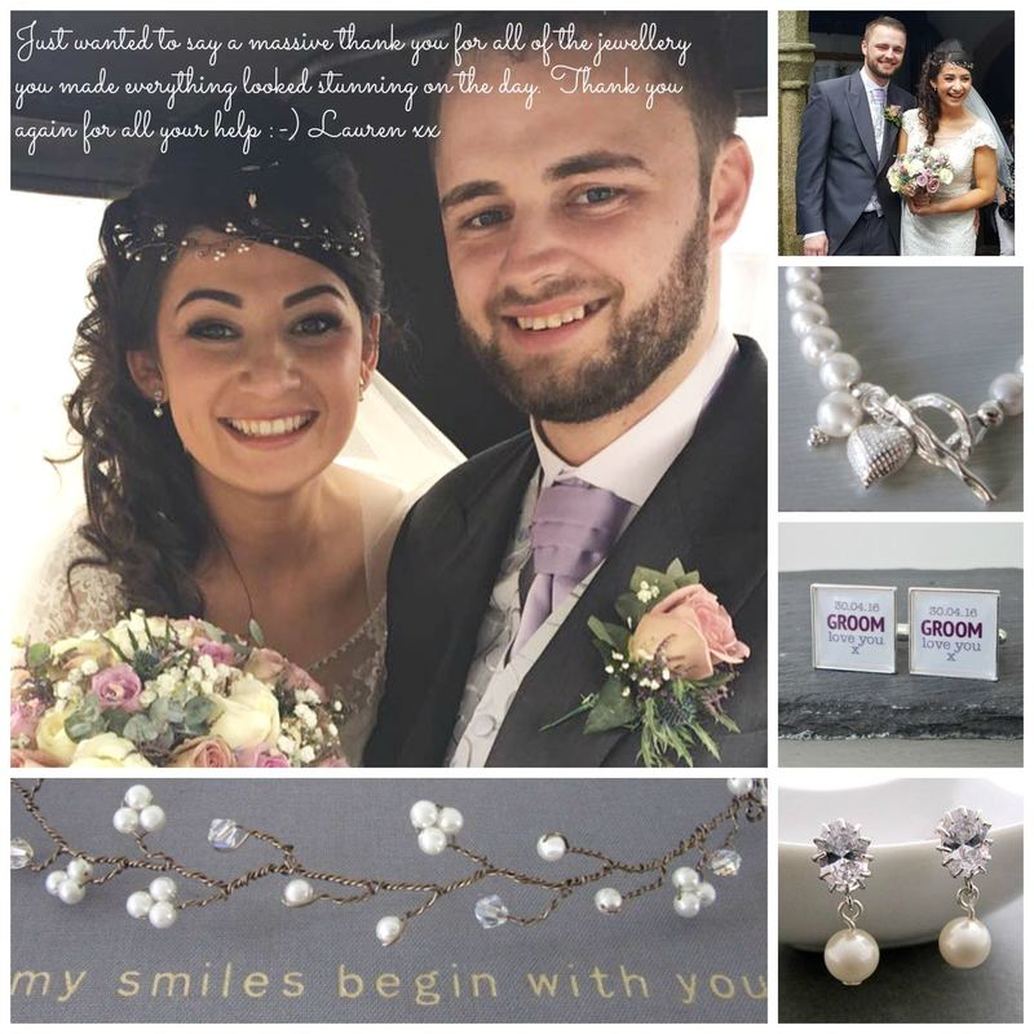 Lauren chose this bracelet and the mauve version for her bridesmaids, together with Glam earrings and the Crystal & Bride and groom with Pearl Hair vine, personalised cufflinks