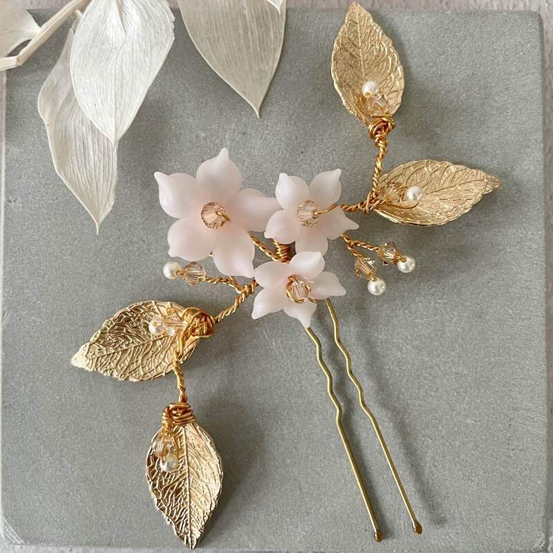 blush flower bridal hairpin with gold leaves and champagne crystals