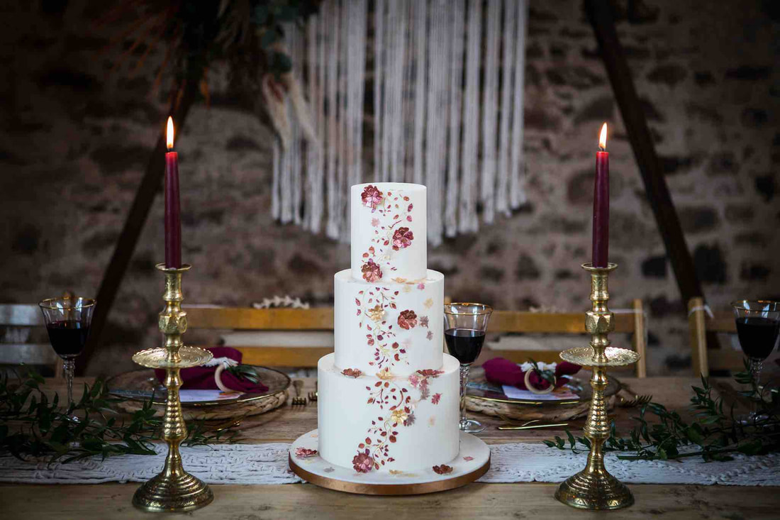 Wedding cake, Autumn design, reds, oranges, copper wedding