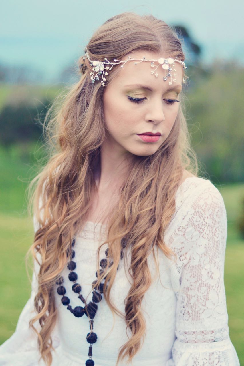 Liberty Vine Boho Luxe wedding hair vine with keshi pearls, silver crystals, pearls worn with lace wedding dress in blond hair