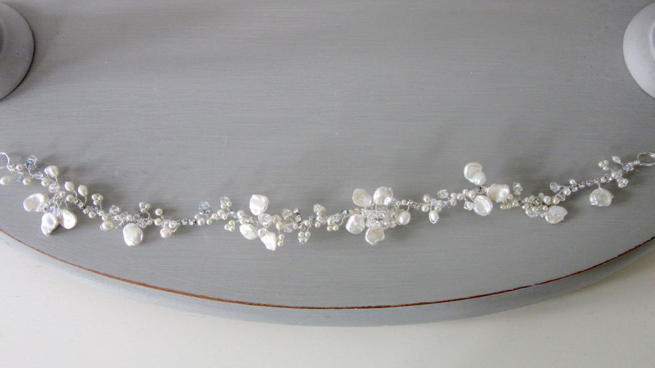 Katherine Wedding hair vine with Swarovski Crystals, pearls and Keshi pearls