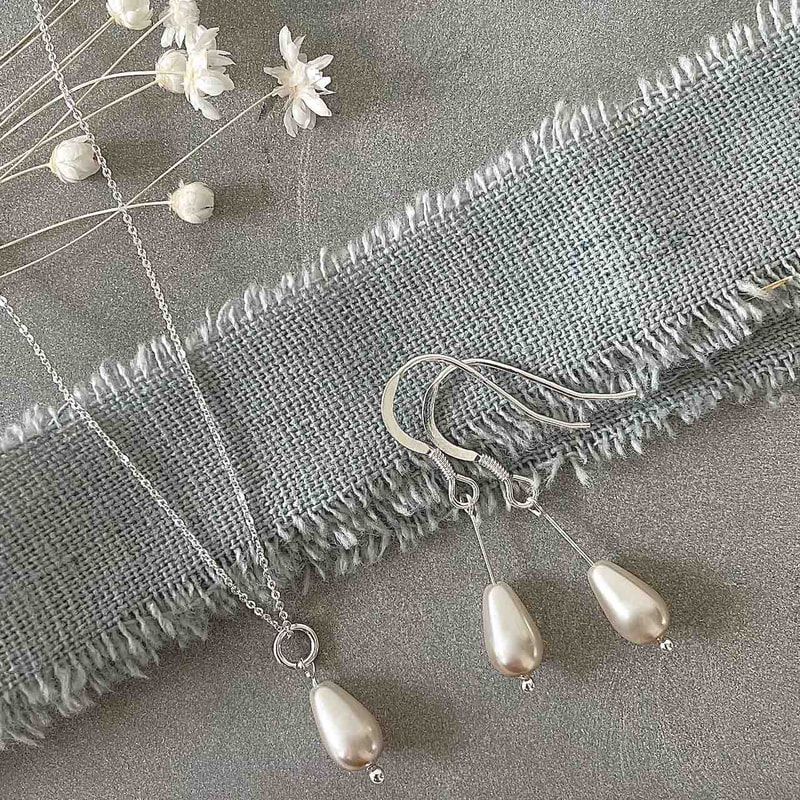 Ivory small teardrop shaped pearl necklace and earrings for mothers day, bride, bridesmaids