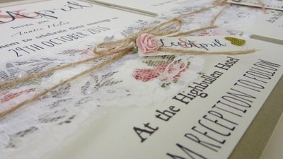 Navy and living coral wedding stationery with twine, gold heart and small paper rose