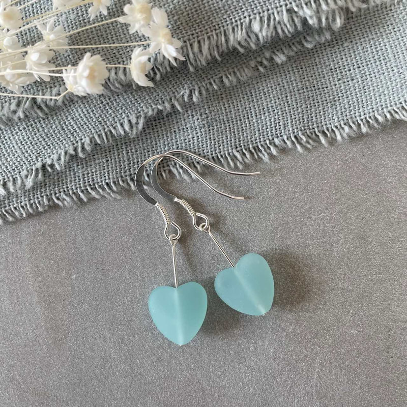 Azure sea glass heart shaped earrings for Mums