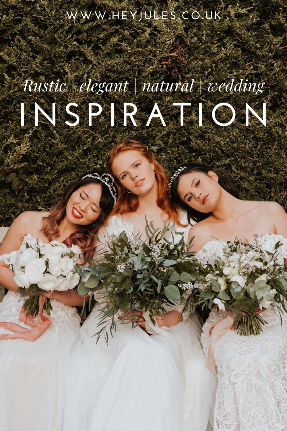 3 brides with leafy eucalyptus bouquets with wedding dresses and bridal headbands