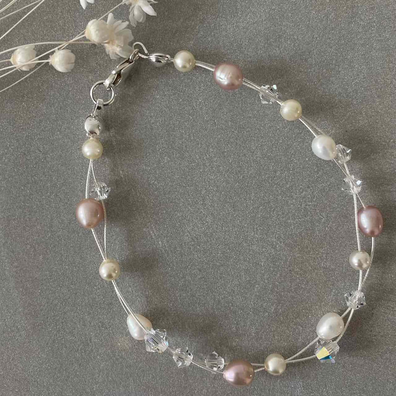 freshwater scattered pearl bracelet with blush pearls and ivory pearls and crystals