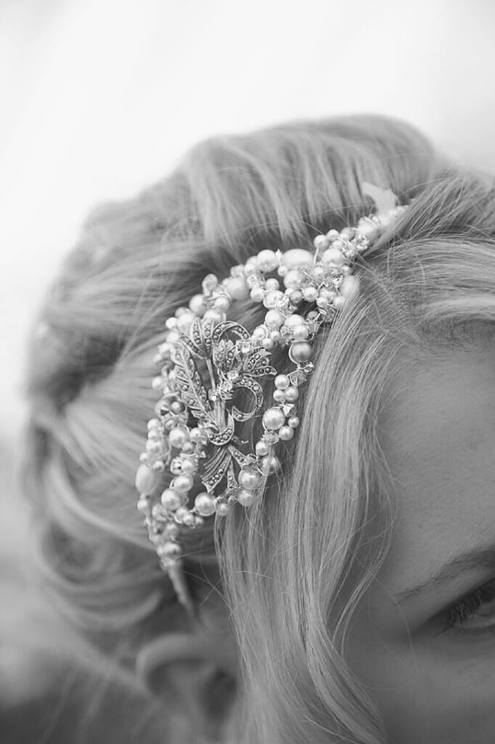 Detail of Mabel Vintage inspired bridal headband in blonde wedding hair