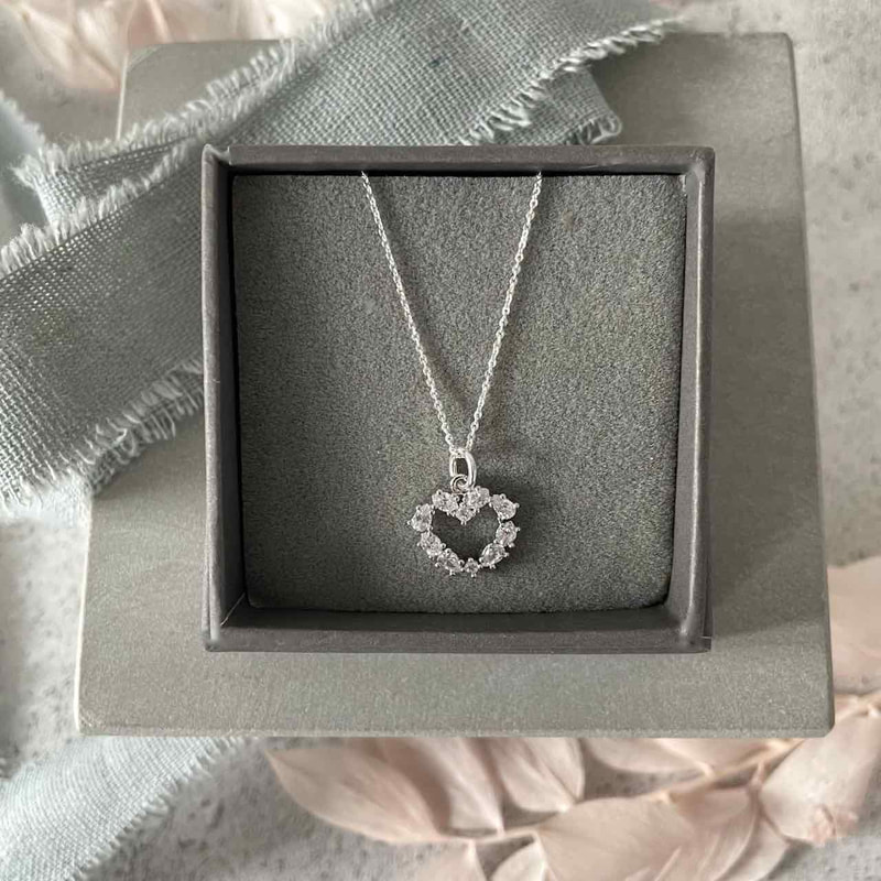 Sparkly heart silver necklace in a luxury grey box