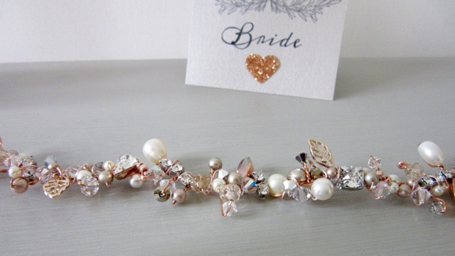 Rose Gold Petulia Vine  freshwater and Swarovski pearls and crystals, rose gold leaves and diamante.