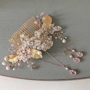 Rose Gold Freshwater Pearl Leaf Comb