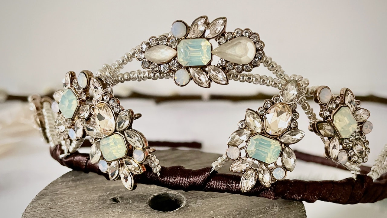 vintage style sparkly handmade tiara with opal pale green stones and diamanté 