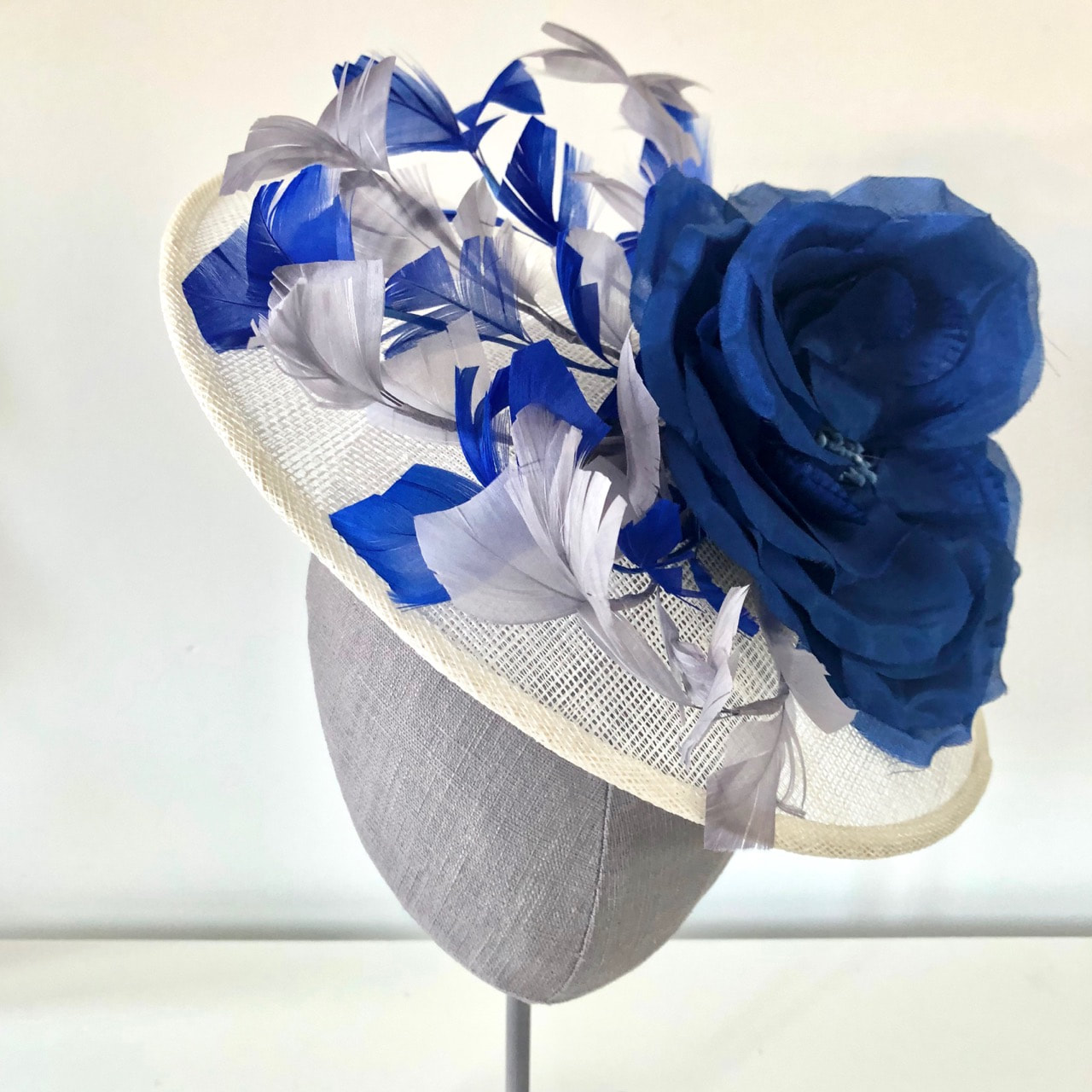 Ivory and Royal Blue Floral Round Hatinator with feathers for mother of ...