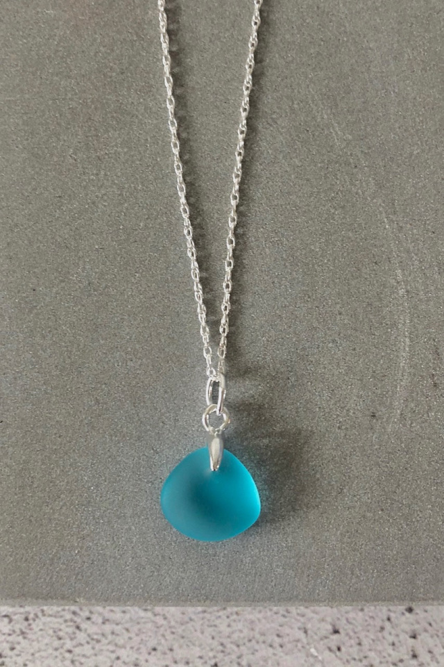Azure Blue Sea glass necklace pendant on sterling silver chain.