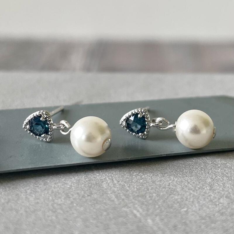 Pearl earrings with a sapphire coloured crystal stone, for something blue