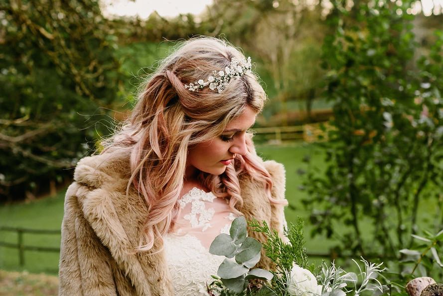 Boho bride wearing Meadow Headdress ideal for woodlands themed weddings 